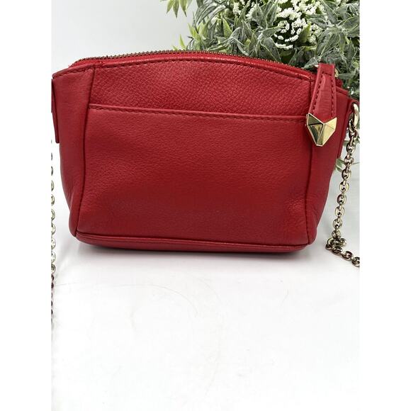 Perlina NY Red Pebbled Leather Small Crossbody Bag Gold Chain Monogram Lining - Picture 9 of 13